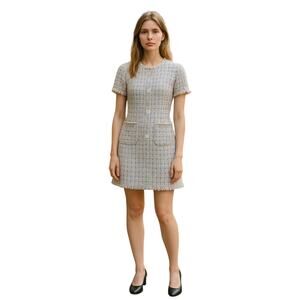 MAC DUGGAL Dress Size S Evening Gown Blue Tweed NEW Mini Textured Pockets Button